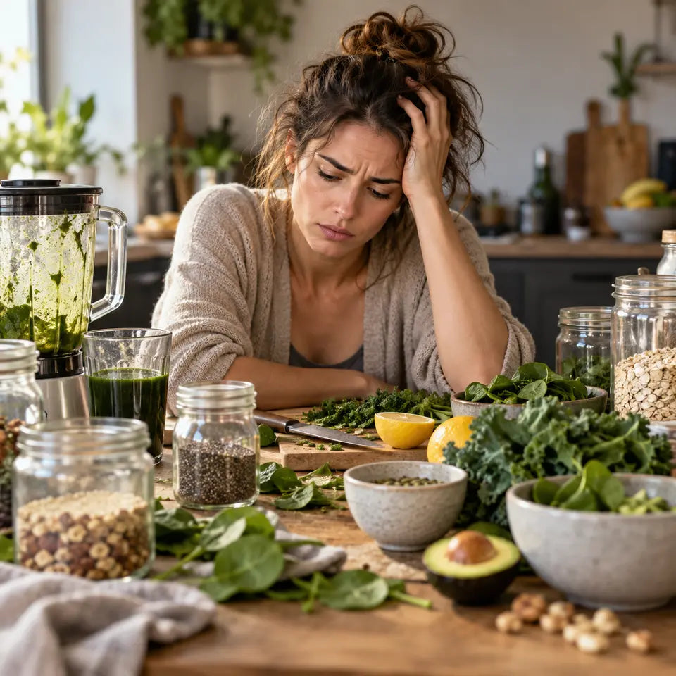 Überforderte Frau vor einer komplizierten grünen Ernährungsroutine
